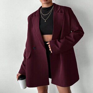 Burgundy Women's Oversized Casual Blazer with Padded Shoulders